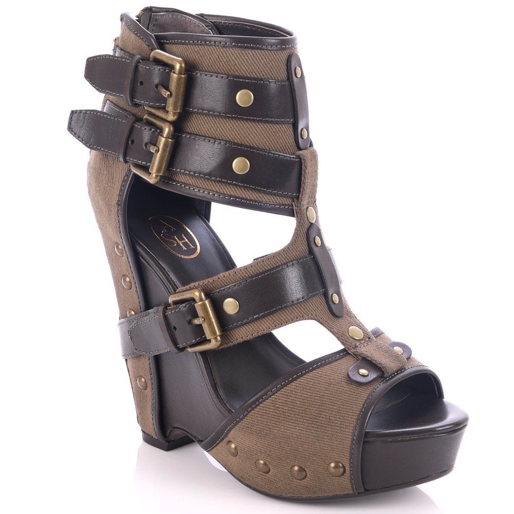 Ash Lyn Gladiator Canvas Olive Green Leather Buckle Platform Wedges Heels 37